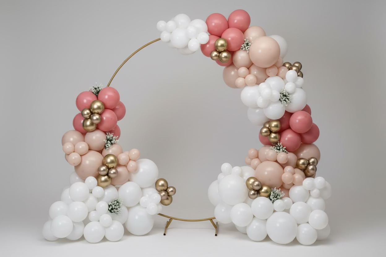 Balloon arch with pink, white, and gold balloons against a plain wall.