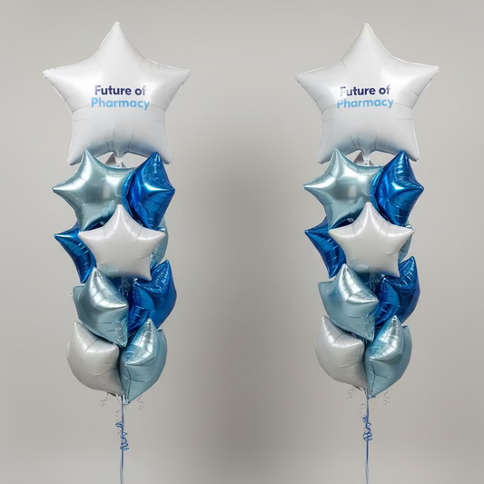 Star-shaped balloons with 'Future of Pharmacy' text in a store setting
